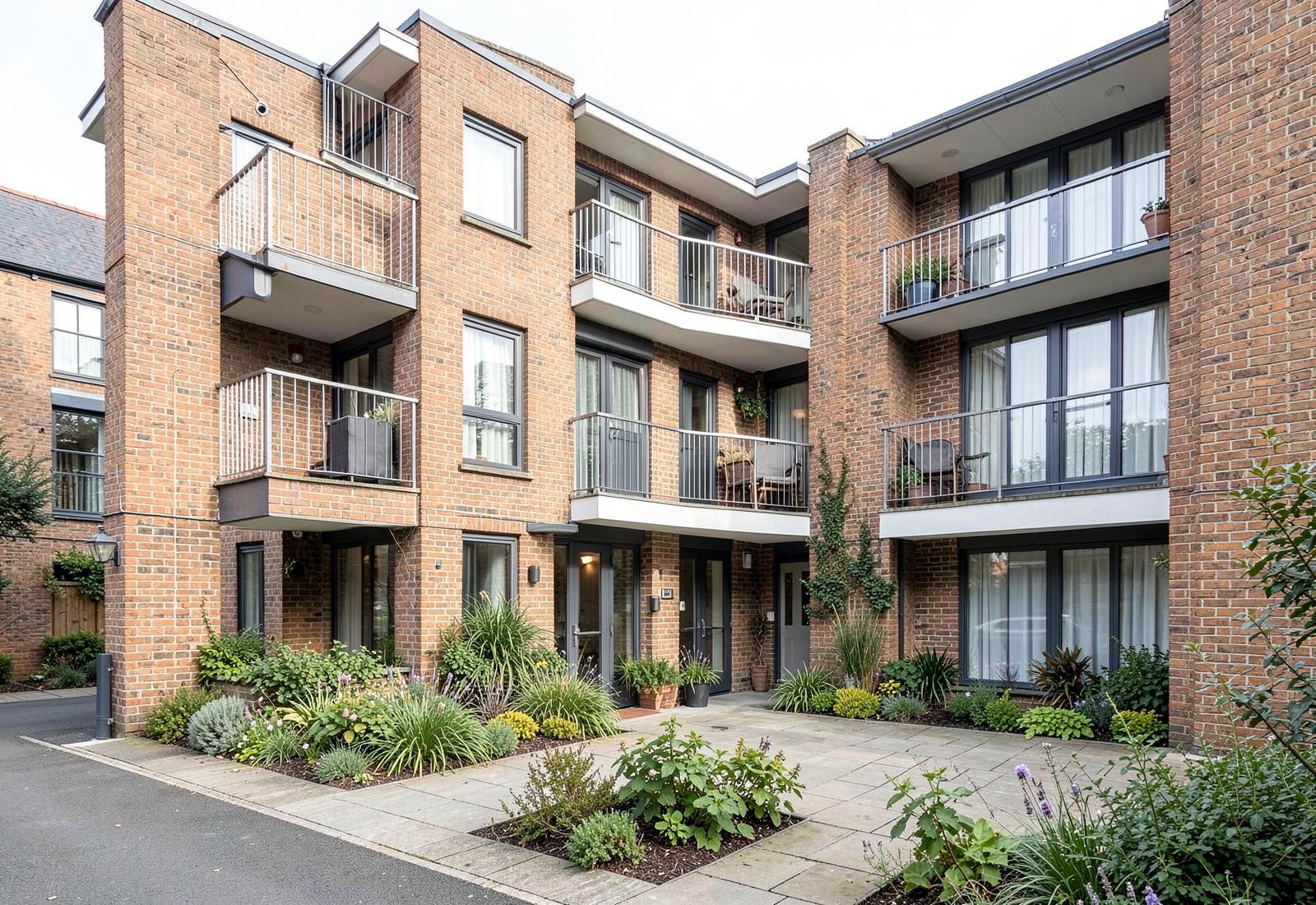 Exterior of a modern low-rise brick apartment building with balconies