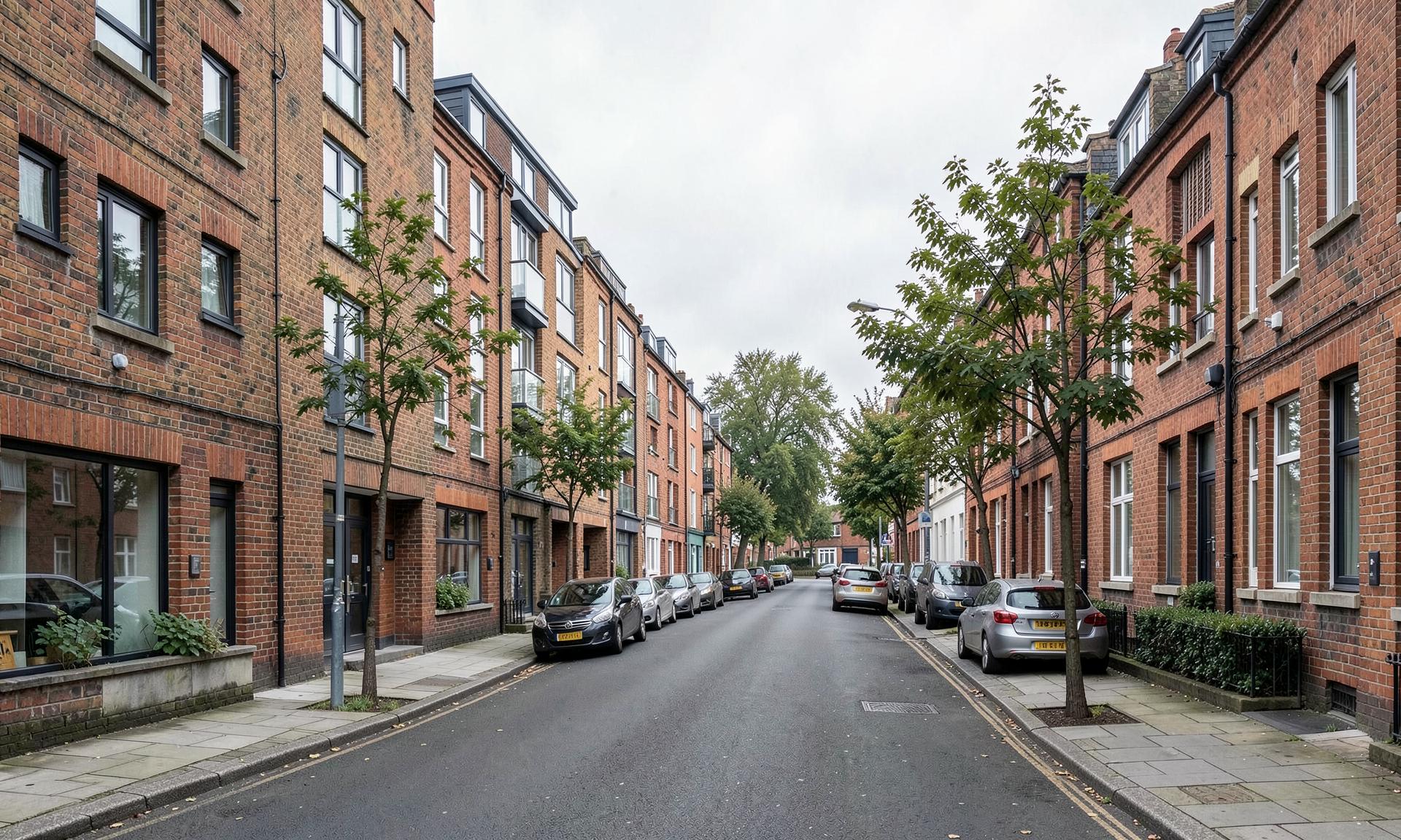 Modern UK residential street with brick apartment buildings on a bright day