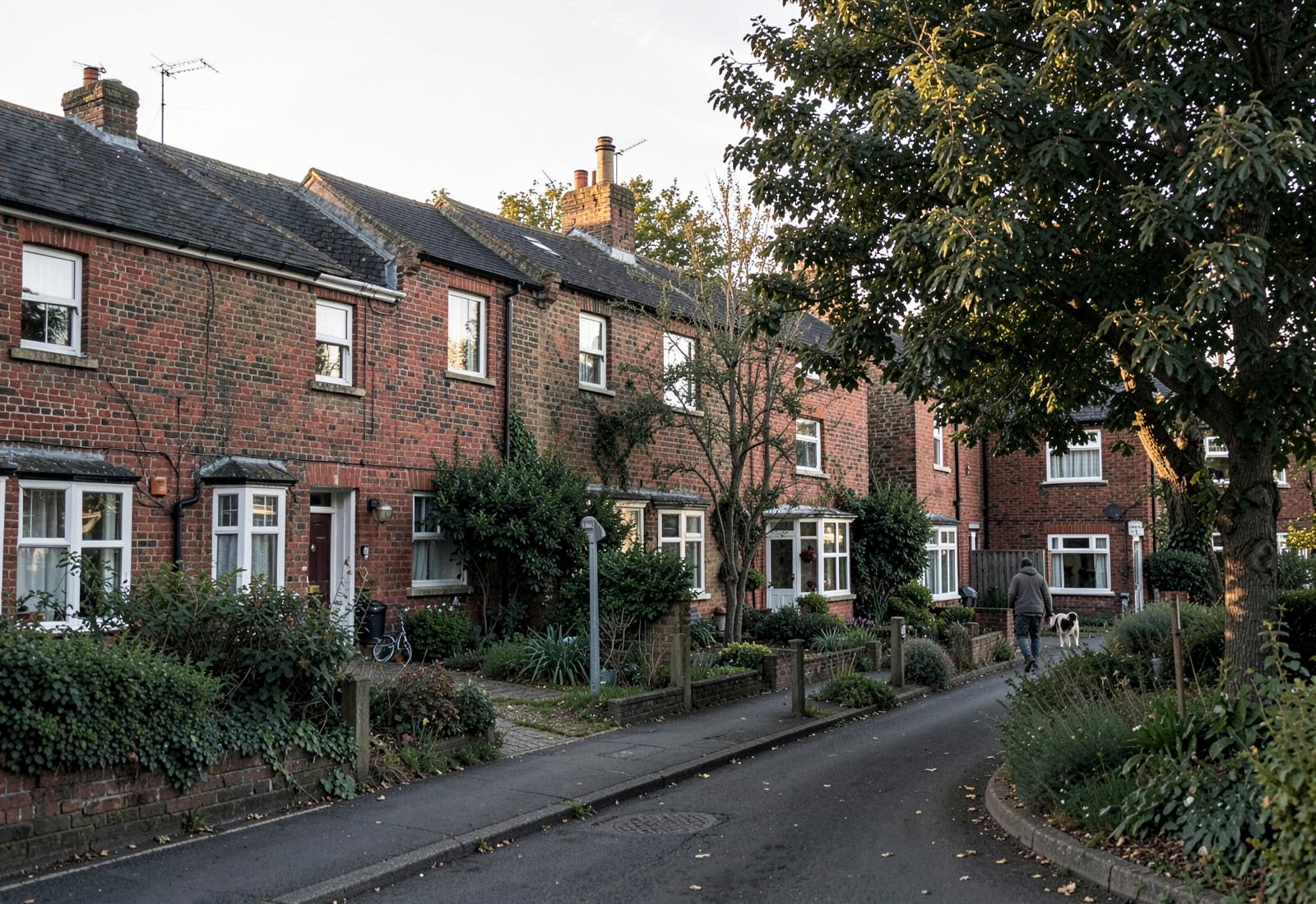 Red-brick terraced houses on a quiet residential street